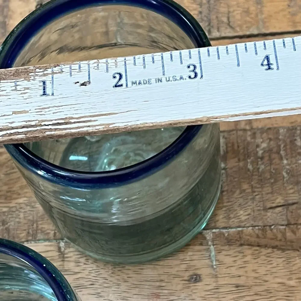 Hand-Blown Mexican Short Tumblers Set of 3 Clear Blue Rim